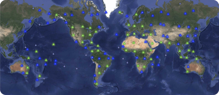 Пины на карте всех местоположений FBO для Aviation Network
