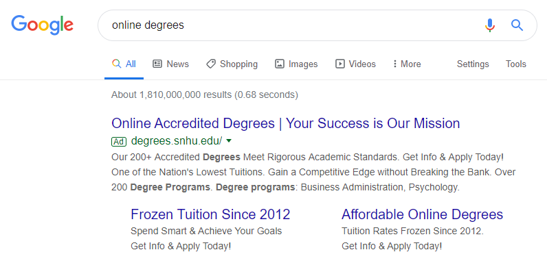 SNHU オンライン学位 Google 検索広告