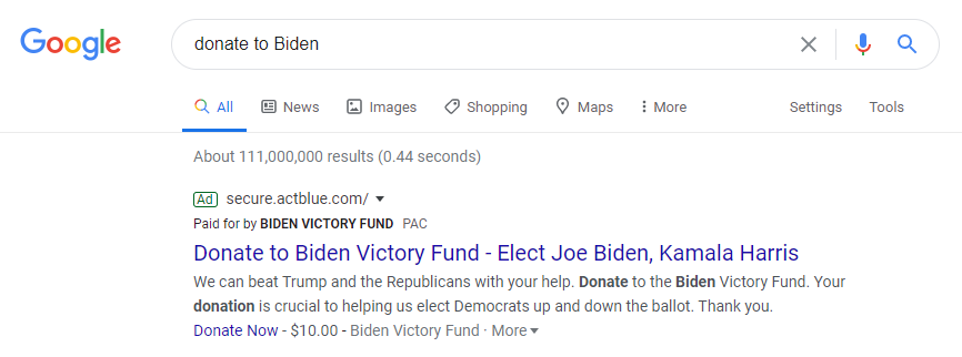 Donasi ke pencarian Google Biden