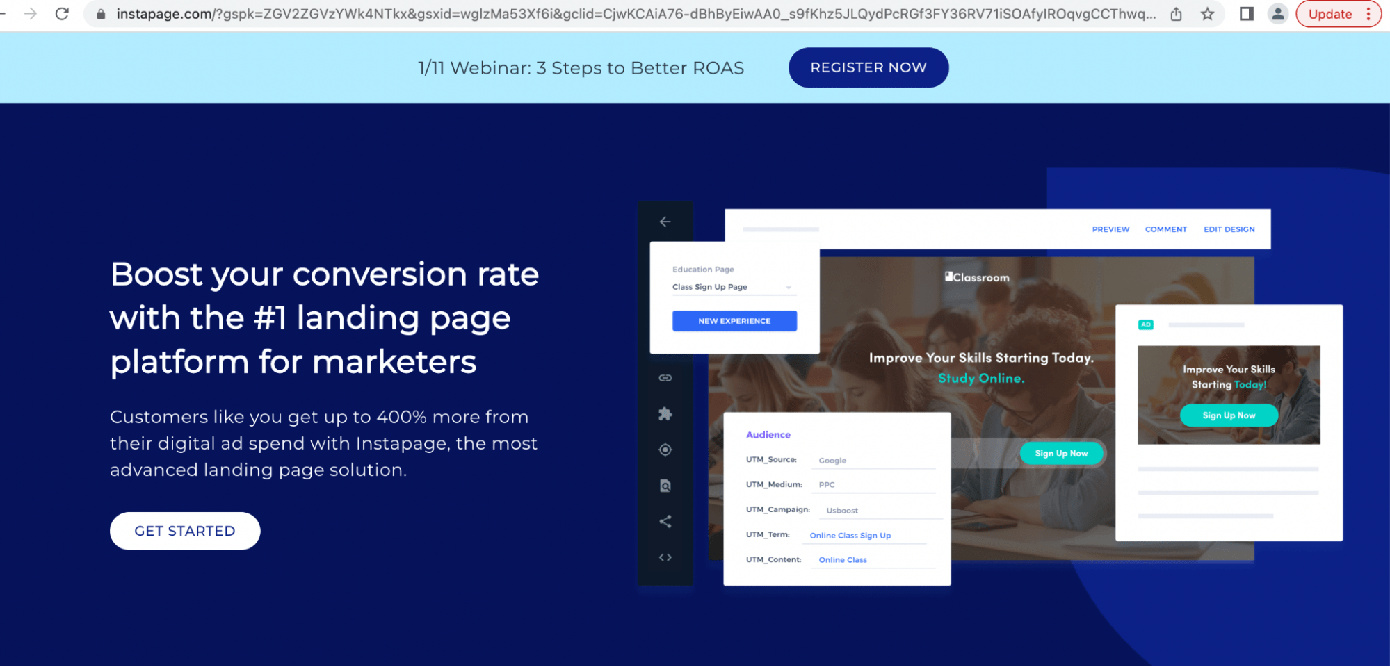 ภาพนี้แสดงตัวอย่างหน้า Landing Page ของ Instapage สำหรับโฆษณาบนการค้นหา