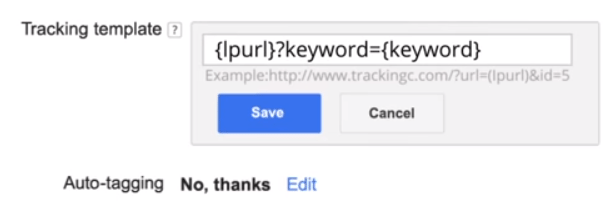 Ten obraz przedstawia słowa kluczowe końcowego adresu URL Google Ads