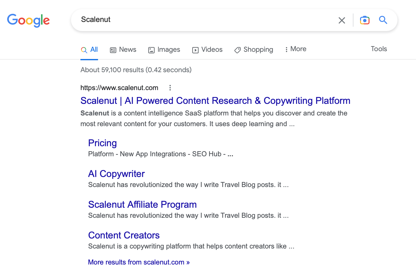Google での検索クエリ「Scalenut」のスクリーンショット