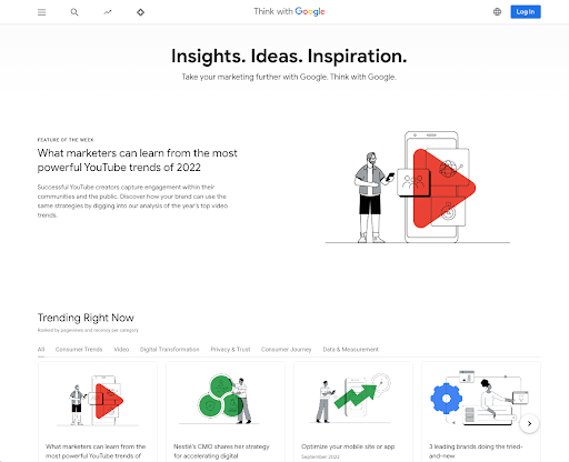 A página inicial do Think With Google oferece tendências de marketing e muito mais