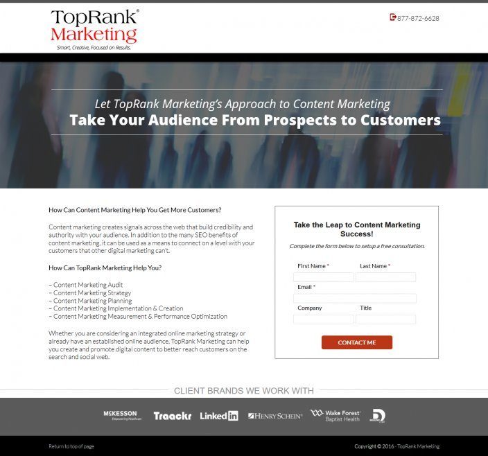 此图显示了 TopRank 营销在其网络研讨会登陆页面上使用的标题