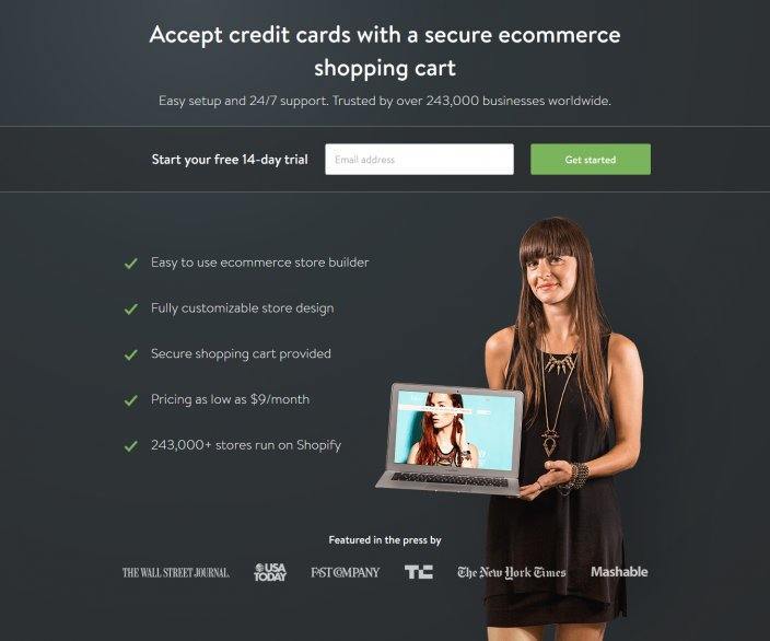 この写真は、Shopify がキーワード ショッピング カートに使用するランディング ページを示しています。