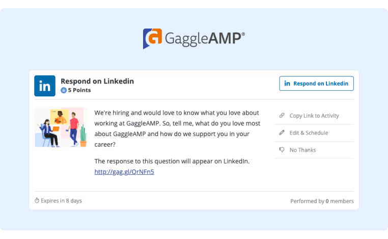 Generar clientes potenciales en las redes sociales: actividad de preguntas de GaggleAMP en LinkedIn