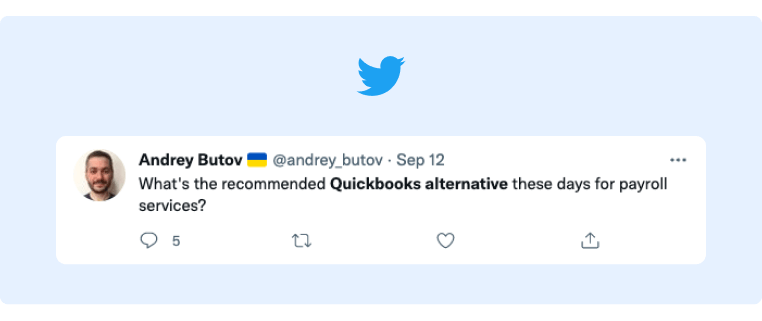 Generar clientes potenciales en las redes sociales: publicación de un usuario que solicita una alternativa recomendada de Quickbooks