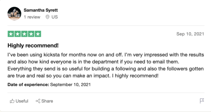 samantha syrett による kicksta ユーザー trustpilot のレビュー