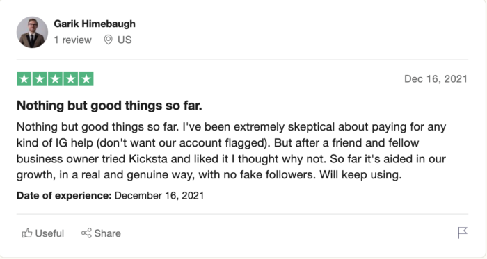 garik himebaugh による kicksta ユーザーの trustpilot のレビュー
