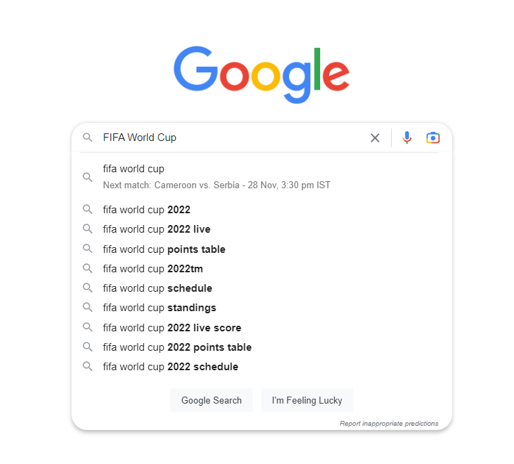 Tangkapan layar saran Google untuk Piala Dunia FIFA