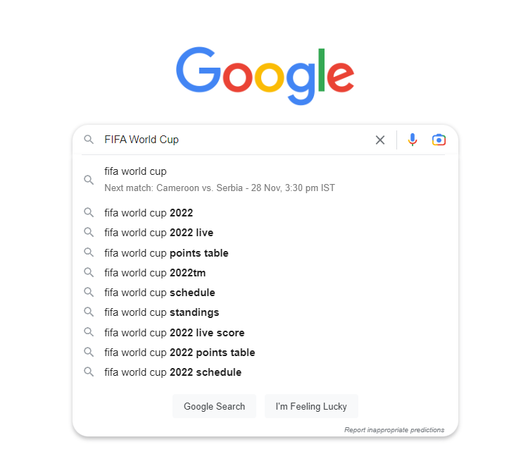 FIFA 월드컵에 대한 Google 추천 스크린샷