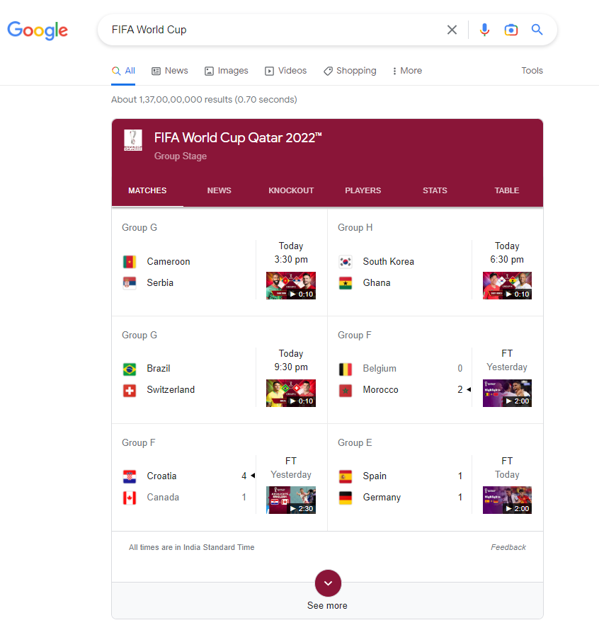 FIFA 월드컵에 대한 Google 검색 결과의 스크린샷