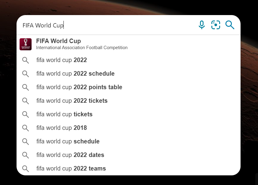Cuplikan layar saran Bing untuk Piala Dunia FIFA