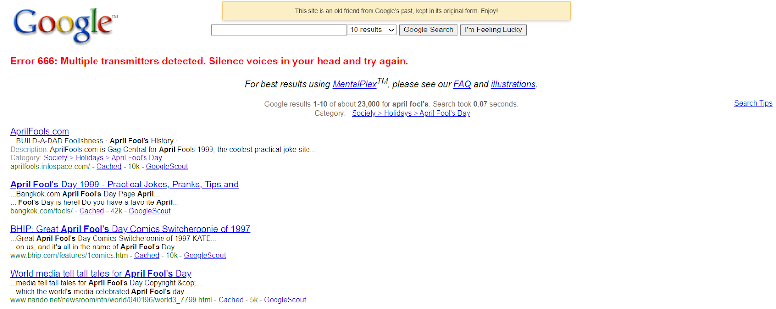 Zrzut ekranu przedstawiający Google SERP 2000 nr 1 z okazji prima aprilis