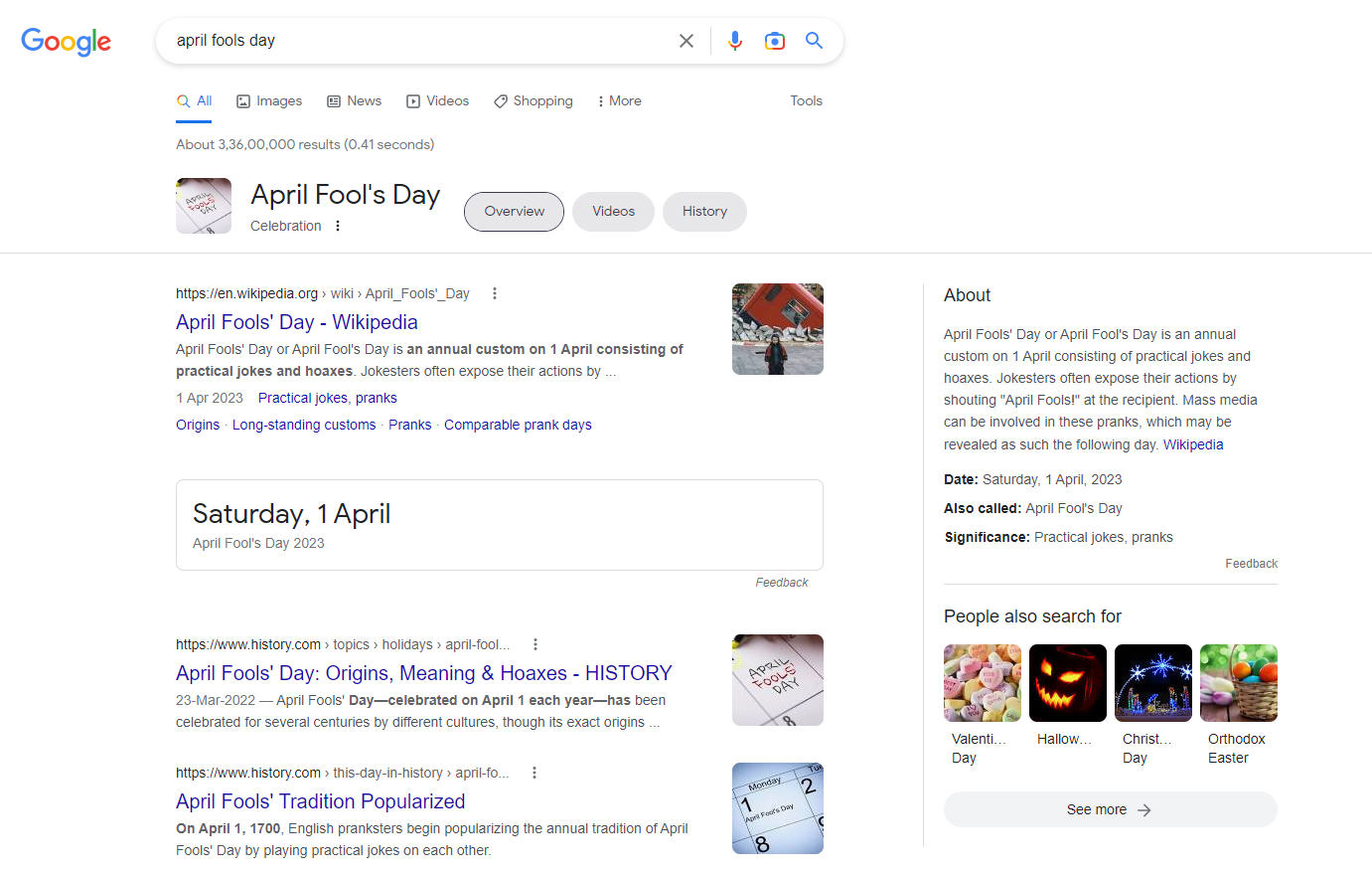 Captura de pantalla del April Fool Day Google SERP 2022