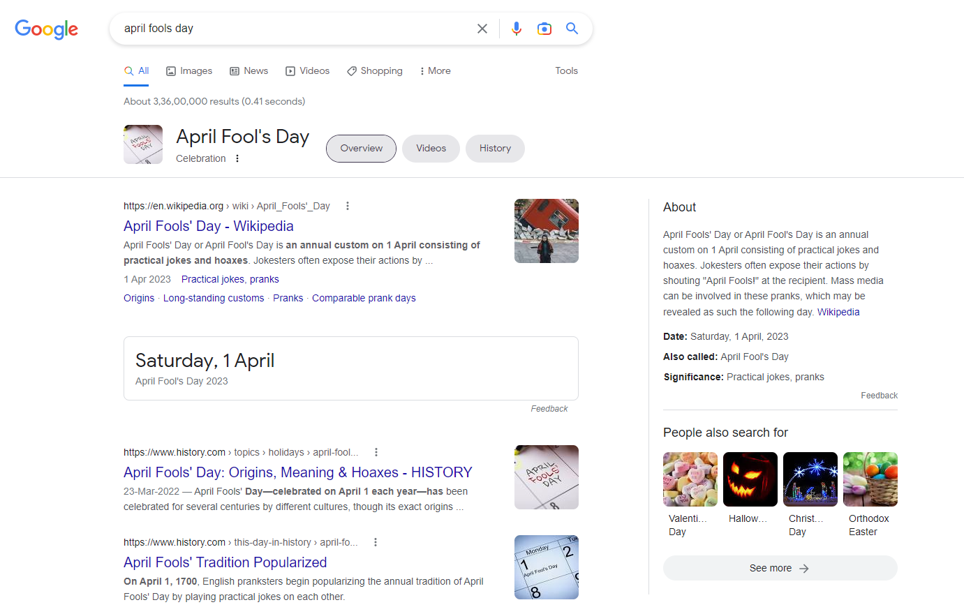 Capture d'écran du poisson d'avril Google SERP 2022