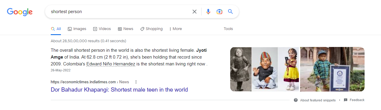 لقطة شاشة لبحث Google لأقصر شخص