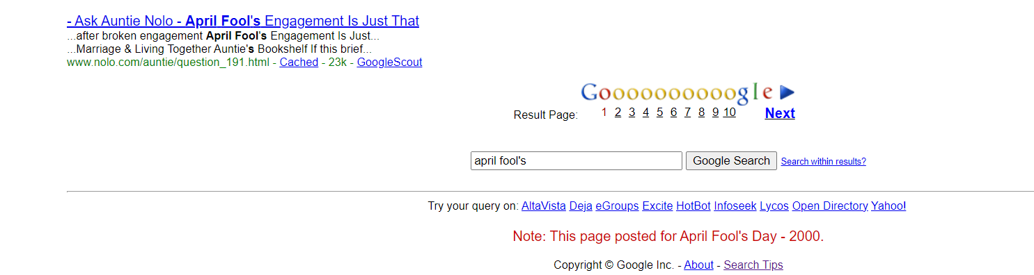 Captura de pantalla del April Fool Day Google SERP 2000 #2