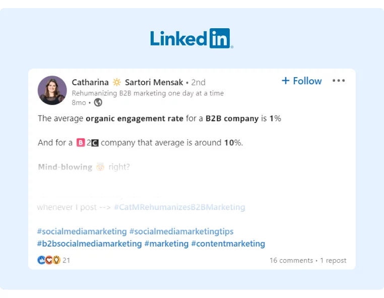 Postingan LinkedIn tentang bagaimana perusahaan B2B memiliki keterlibatan media sosial organik yang rendah dan cara meningkatkannya