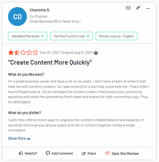 Pepertype.ai のカスタマー レビューのスクリーンショット #2