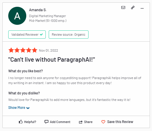 Screenshot n. 1 delle recensioni dei clienti per ParagraphAI