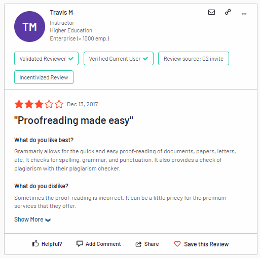 Captura de tela de comentários de clientes verificados para Grammarly‍