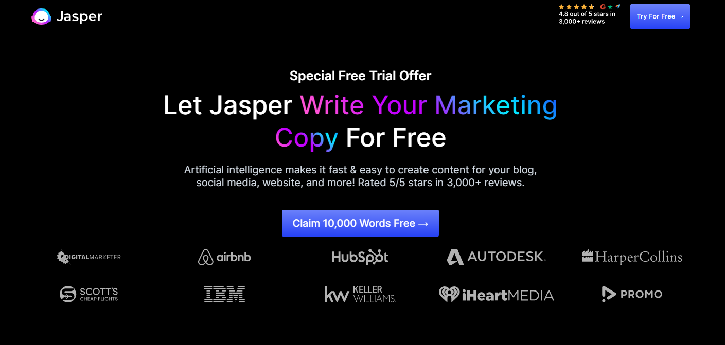 Jasper AI プラットフォームのホームページのスクリーンショット