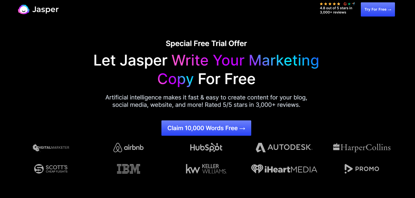 Jasper AI 플랫폼 홈페이지 스크린샷