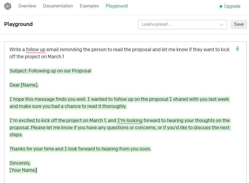 Playground di OpenAI scrive un'e-mail di follow-up per un progetto