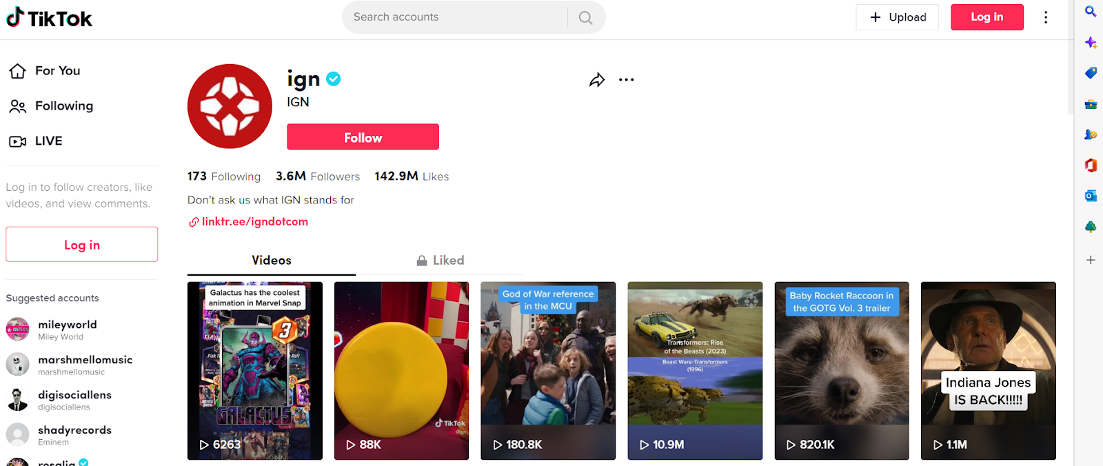 The IGN TikTok profile page showcasing the numerous snackable videos that they produce for their userbase.
