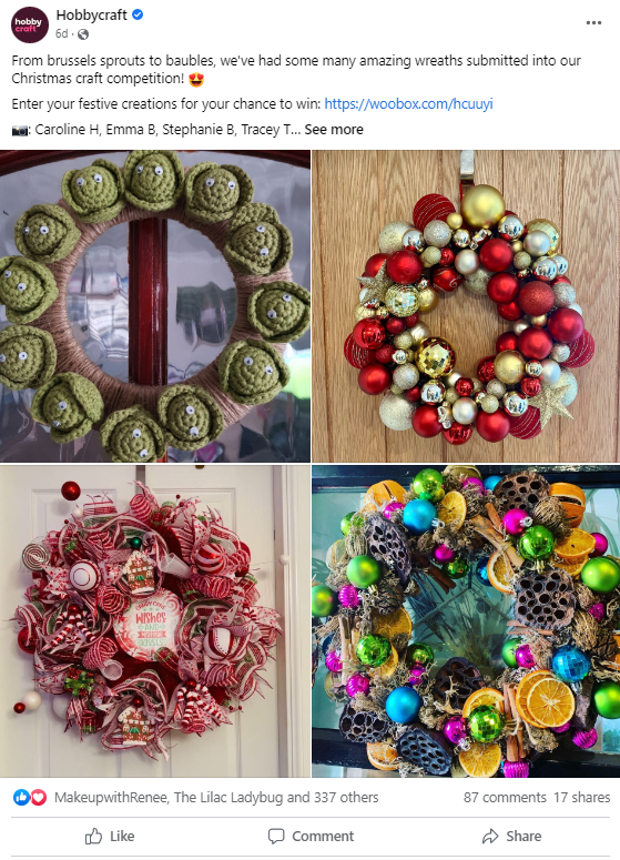 A social media Hobbycraft competition for user made Christmas wreaths with pictures of submissions.
