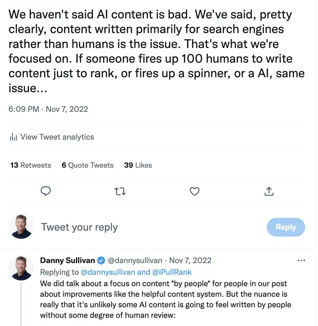 ダニー・サリバンのツイッター - AIコンテンツは許可されています