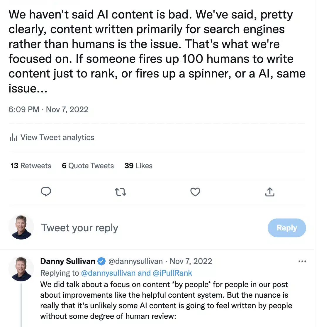推特上的丹尼·沙利文 (Danny Sullivan) - 允許使用人工智能內容
