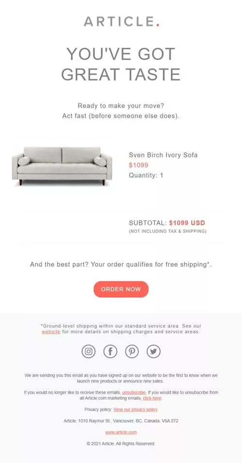 idées de marketing de meubles (exemple de marketing par e-mail)