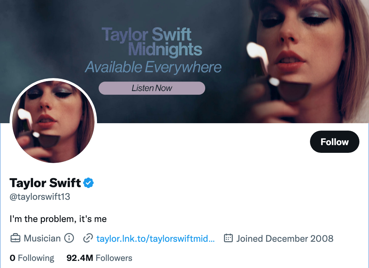 مثال على السيرة الذاتية على Twitter: Taylor Swift