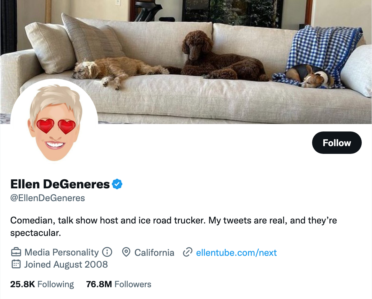 Twitter biyografi örneği: Ellen DeGeneres