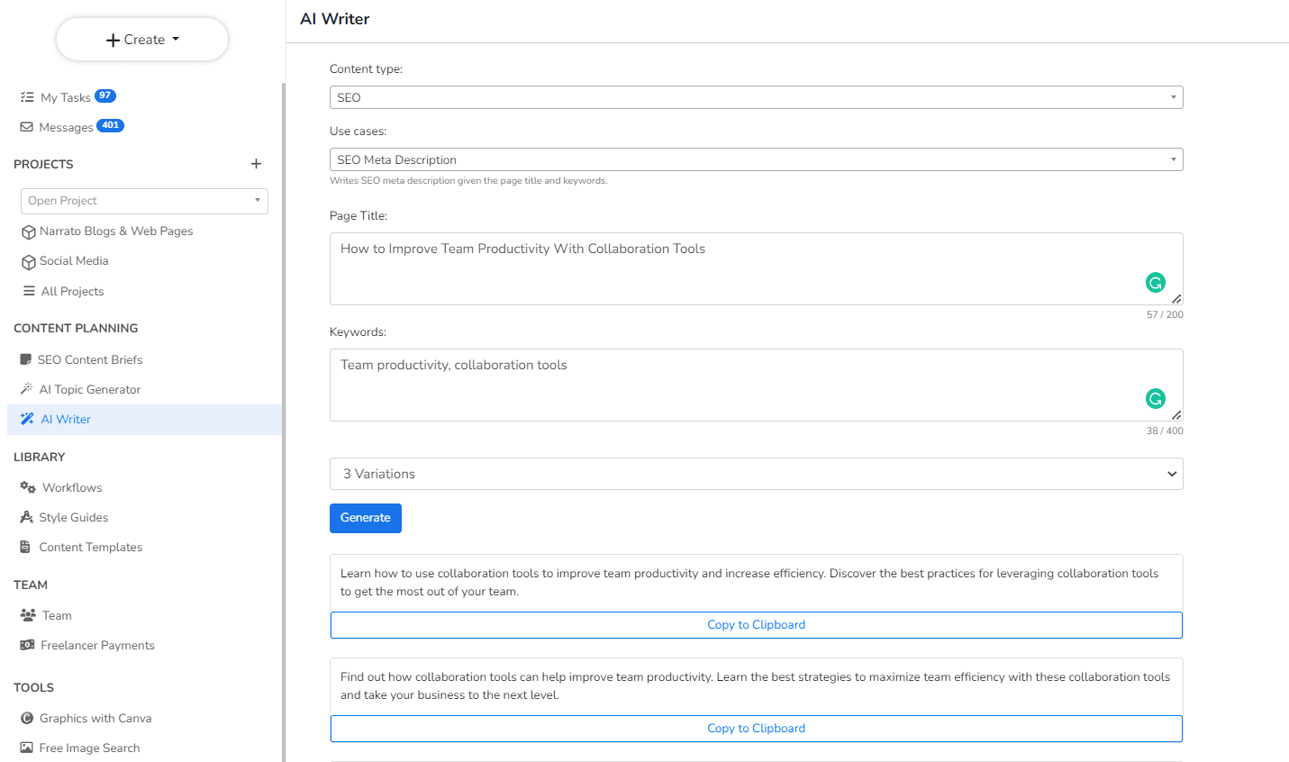 Penulis AI Narrato untuk mengoptimalkan deskripsi meta selama audit SEO konten