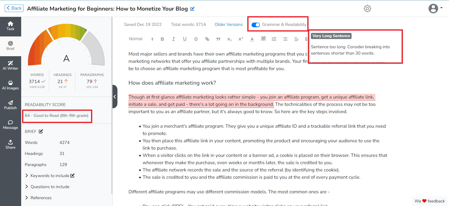 Alat tata bahasa dan keterbacaan Narrato untuk mengoptimalkan konten selama audit SEO konten
