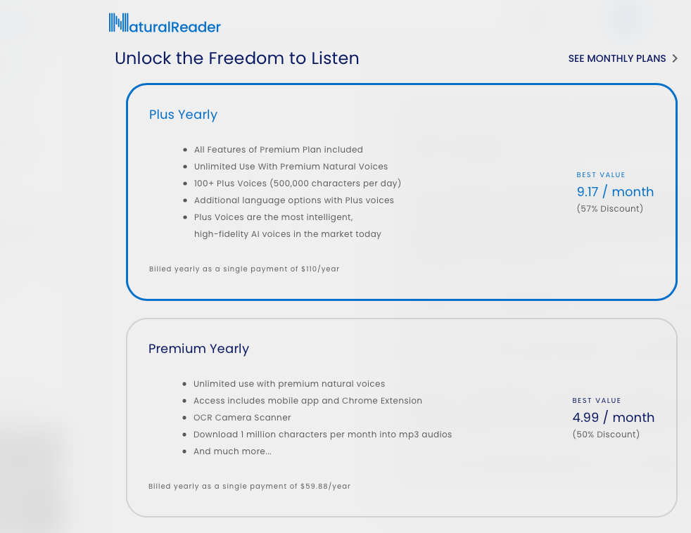 NaturalReader Fiyatlandırması