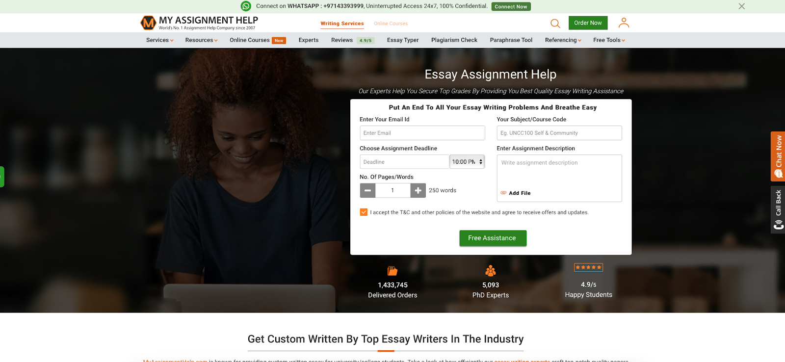 Captura de pantalla de la página de inicio de My Assignment Help Essay Typer
