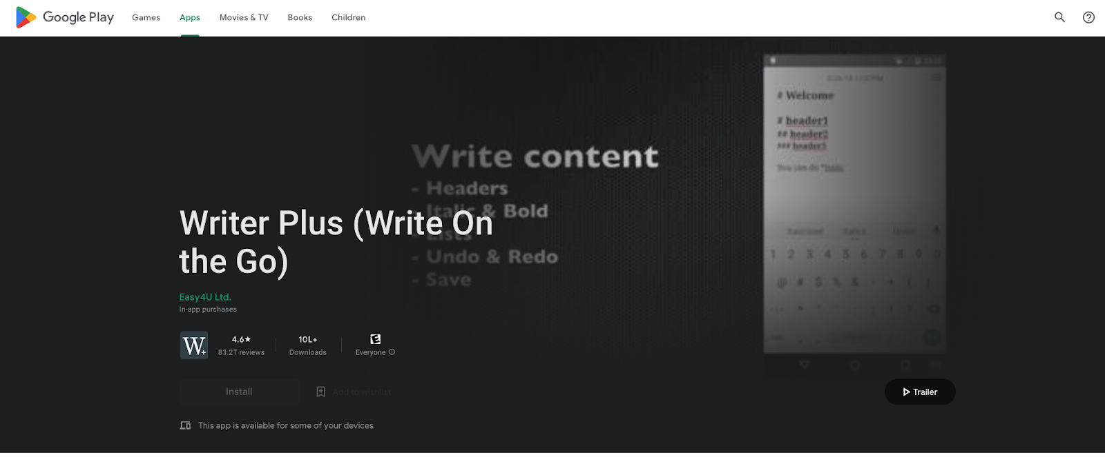 Captura de pantalla de la página de inicio de Writer Plus