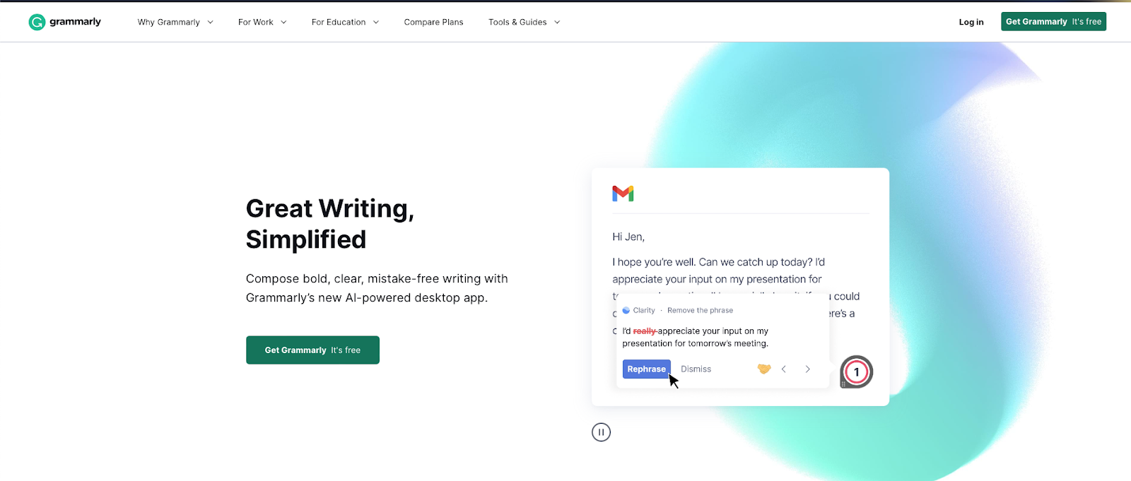Captura de pantalla de la página de inicio de Grammarly