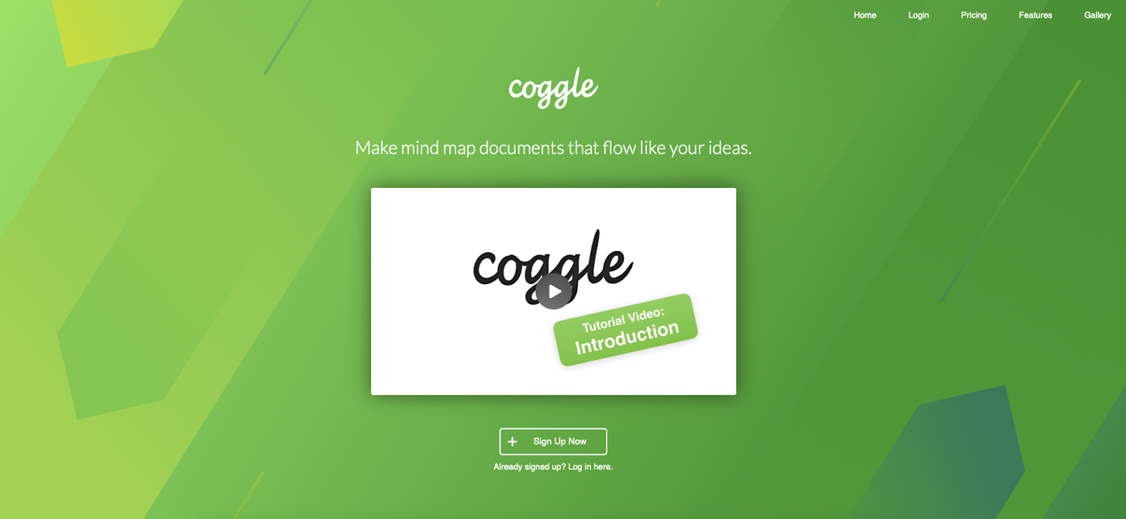 Captura de pantalla de la página de inicio de Coggle