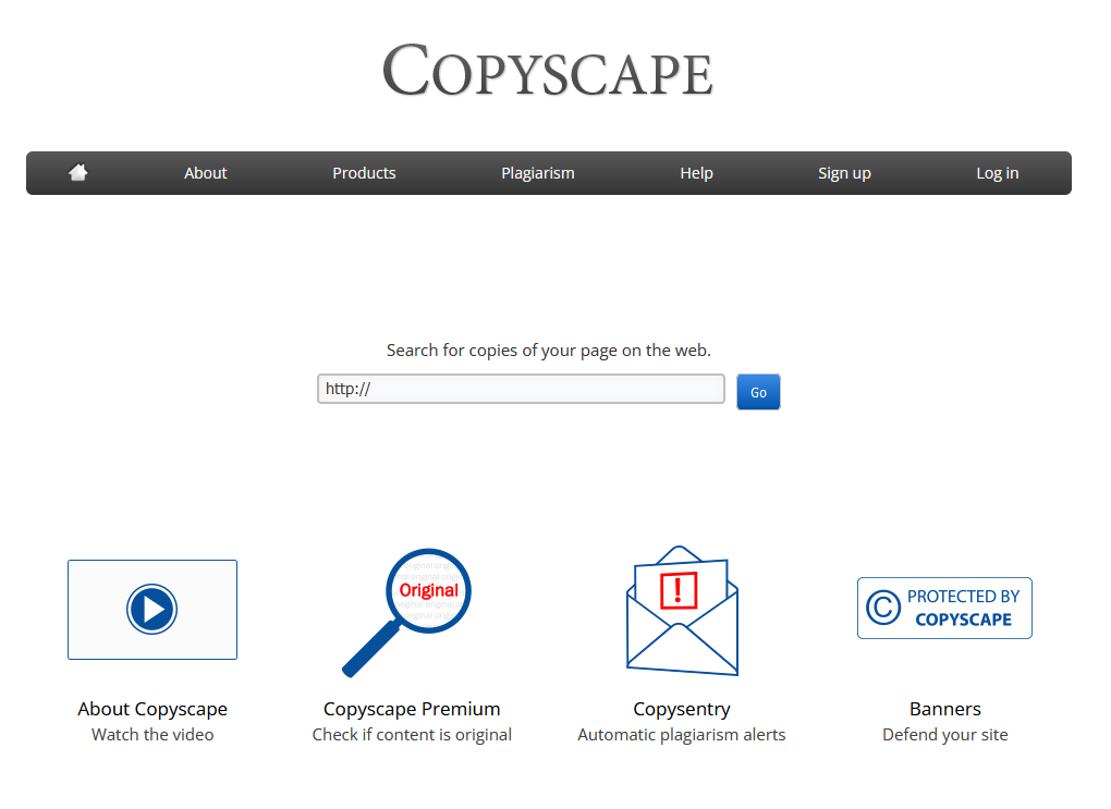 لقطة شاشة للصفحة الرئيسية لأداة Copyscape SEO