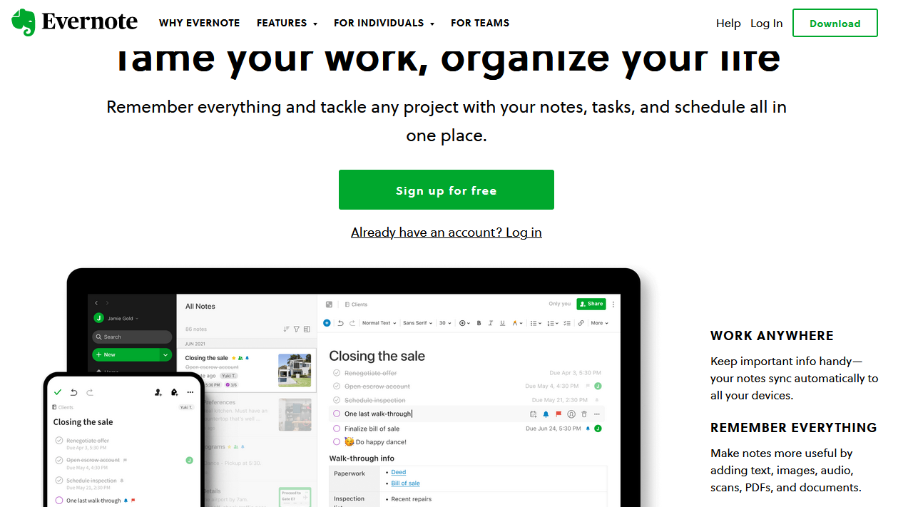 Captura de pantalla de la herramienta de marketing de contenidos Evernote