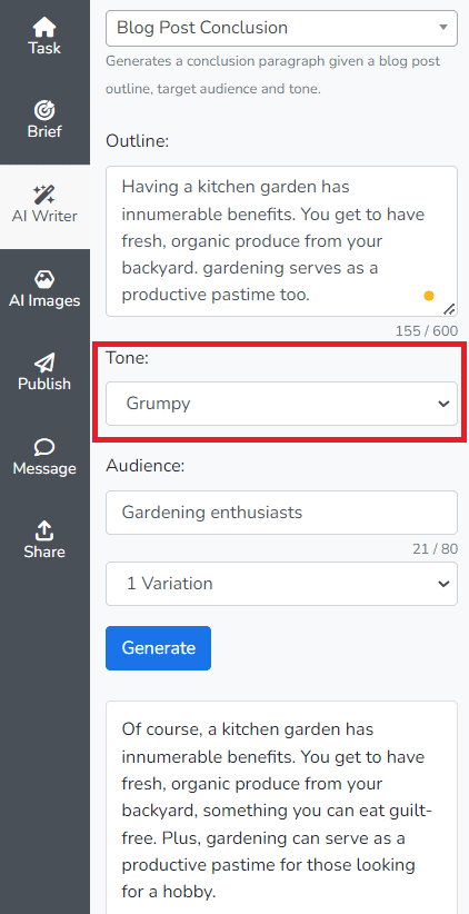 Creazione di contenuti AI su Narrato utilizzando un diverso tono di voce