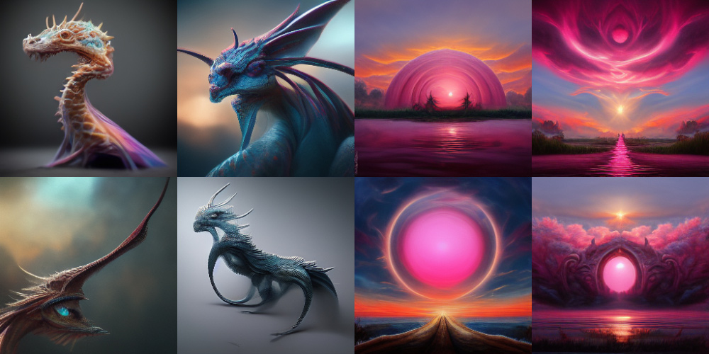 兩行四張 AI 藝術品圖像 - 每列的主題在頂部和底部重複，底部版本的圖像更具影響力。第 1+2 列：龍。第 3+4 列：紫色球體和太陽在多雲的地平線上低垂的風景