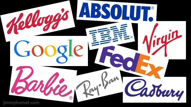 Farklı yazı tiplerinde marka logolarından oluşan bir kolaj.