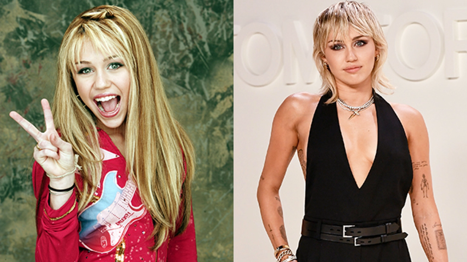 Miley Cyrus dans le rôle d'Hannah Montana dans une longue perruque blonde, souriante avec la bouche ouverte et le signe de la paix. Miley Cyrus maintenant avec des cheveux courts blonds platine et un haut noir décolleté montrant ses tatouages.