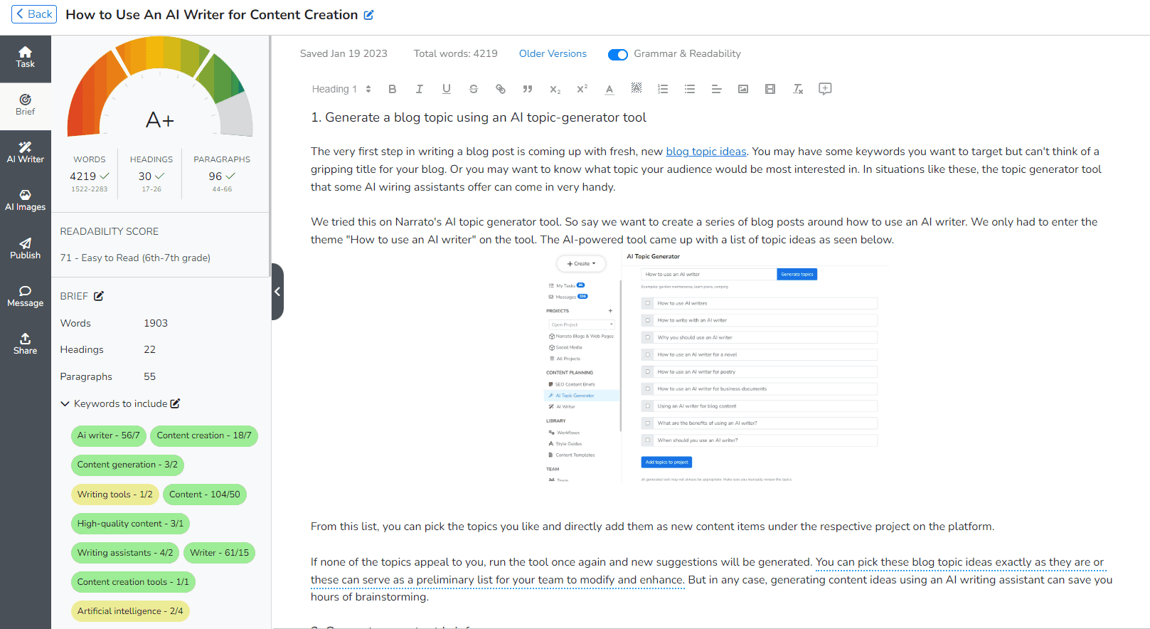 Escritor de blog de IA: resumen de contenido de SEO en Narrato